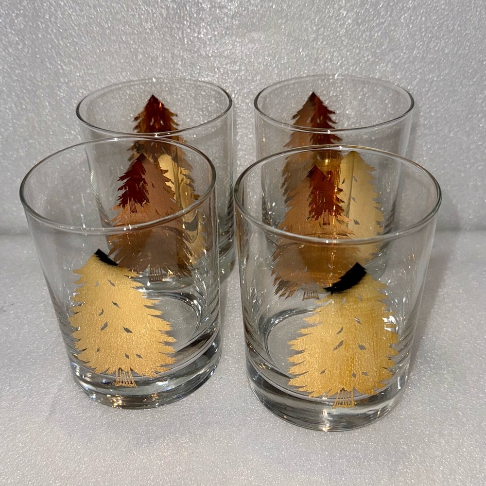4 MCM Vintage George Briard Gold Pine Tree Old Fashioned Tumblers